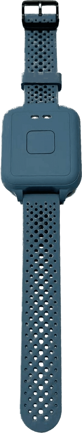 The GCARE bracelet laid flat, seen from above, with its perforated silicone strap and a square button on the case